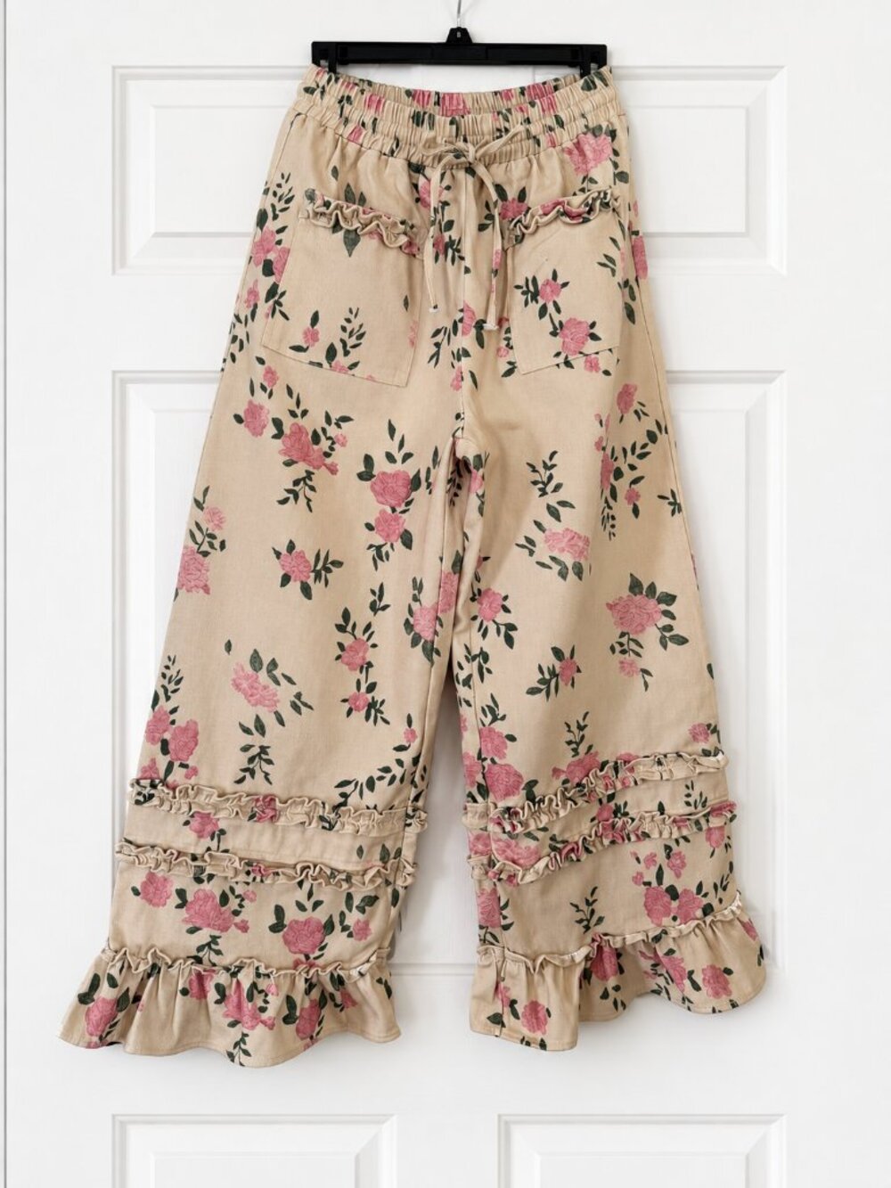 BiBi Floral Denim Ruffle Wide Leg Pants Cottagecore Boho Tiered Palazzo Pants - Picture 7 of 11